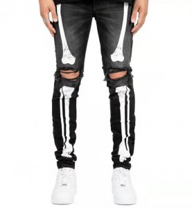 Factory Outlet Ripped Men's Jeans Bone Print Fashion Skinny Jeans