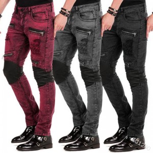 mans jeans goedkoop hoë kwaliteit rits versiering slim-fit jeans geskeurde straat denim broek