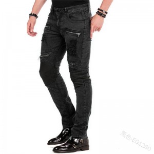 mænds jeans billige højkvalitets lynlås dekoration slim-fit jeans revet hul street denim bukser