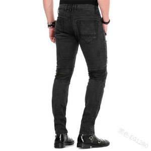 menn jeans billig høykvalitets glidelås dekorasjon slim-fit jeans revet hull street denim bukser