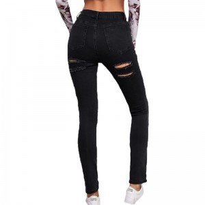 Fashion Jeans wanita skinny hitam berpinggang tinggi detail robek
