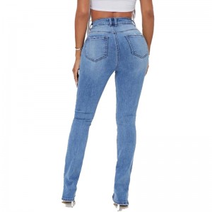 Højtaljet Skinny Denim Dame Jeans Bukser Ripped Hole Split Hem Dame Jeans