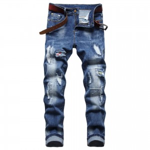 Jeans de venta directa de fábrica, jeans elásticos arrugados bordados para hombres, jeans nostálgicos delgados de pierna recta rasgados