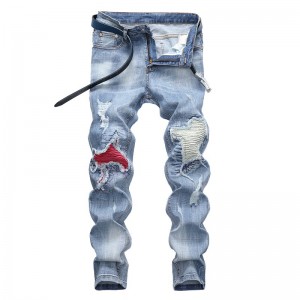 ג'ינס סחר חוץ בצבע בהיר עם תפירת מתיחה ג'ינס קרועים עם רגליים קטנות מכנסיים לגברים