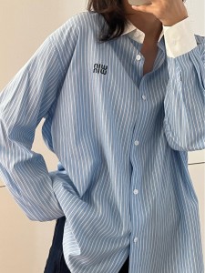 2022 Factory Custom New Plus Size Women Fashion Loose μπλε ριγέ πουκάμισα