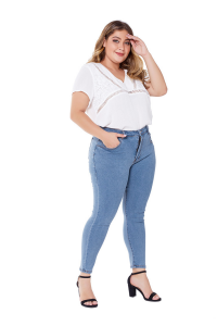 High quality Plus Size Blue woman Stretch solid elastic Denim Pants