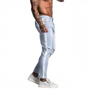 Jeans rasgados de moda Rayas blancas laterales Agujeros rasgados Jeans azules de gran tamaño para hombres