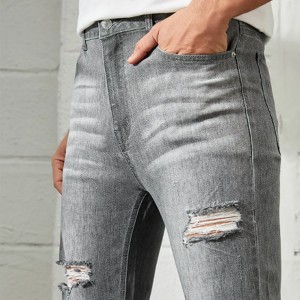 ʻO Spring fashion Smoky gray Denim Jeans Skinny Ripped Men Casual