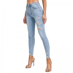 Custom Wash Long ris High Waisted Skinny Ripped Raw Hem Women Jeans