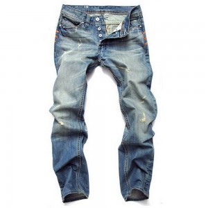 ໂຮງງານຂາຍໂດຍກົງ jeans ຜູ້ຊາຍ ripped ຕີນຂະຫນາດນ້ອຍ denim trousers slim ຜູ້ຊາຍ jeans ສີຟ້າ