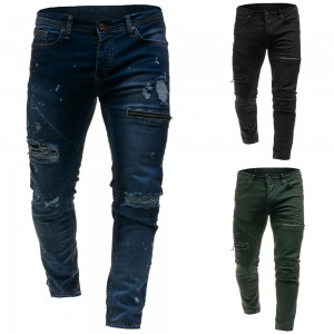 Men’s Washed Ripped Jeans Zipper Decoration Men’s Casual