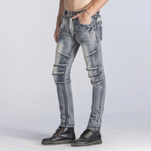 Celana jeans pria retro ritsleting dekorasi stretch lurus lurus slim-fit celana denim pria perdagangan luar negeri