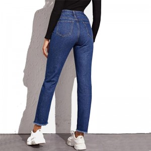 Slim Fit Wash Long Hosen Héich Taille Raw Hem Fraen Jeans