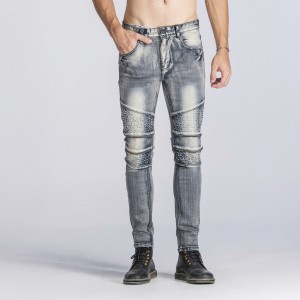 Jeans pria dekorasi ritsleting retro lancip lurus lurus slim-fit celana denim pria perdagangan luar negeri
