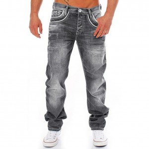Men's ripped nostalgic jeans light blue straight-leg slim button panlalaki European at American jeans