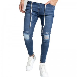 Youth Men’s Embroidered Holes Skinny Stretch Pants Zipper Jeans