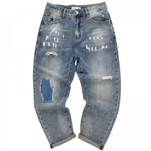 Свободные прямые джинсы мужские тонкие повседневные брюки синий рваный комбинезон