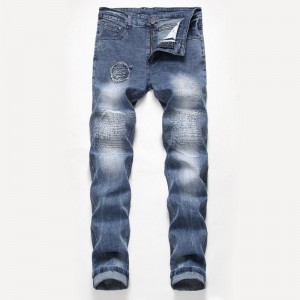 Personality Straight Stretch Blue Men's Ripped Jeans