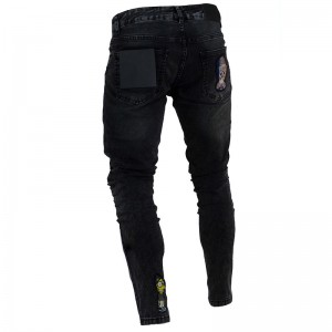 Mode sorte afslappede mænds jeans rippet patch syning vaskede jeans