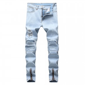 European and American men’s jeans light blue small feet slim fit ripped motorcycle men’s jeans