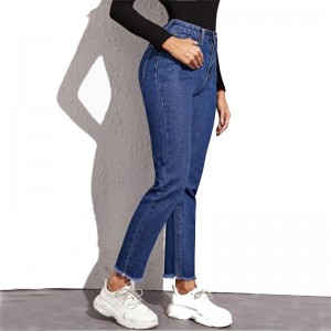 Slim Fit Wash Long Trouser High Waisted Raw Hem Women Jeans