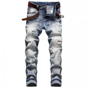 Fashion personality ripped patch nostalgic elastic small straight jeans for men