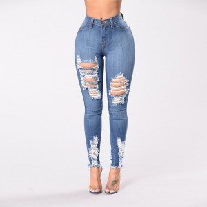 Top Grade China Trendy Cotton Elasticated, Ripped, and Perforated Women′ S Jeans