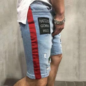 Kiinan tehtaan kuuma myyntituote hip-hop korkealaatuinen ohut kirjonta revityt miesten lyhyet farkut irtotavaratukku räätälöity