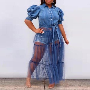 Mode plus size damklänning kofta lång kjol temperament pendlar blå jeanssömmar nätkjol