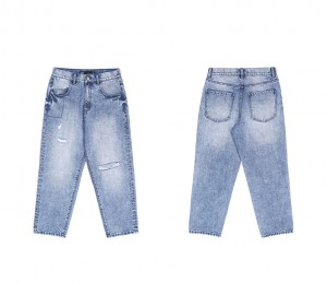 Puikiai parduodamos laisvos tiesios kelnės, plius dydžio plėšyti mėlyni vyriški džinsai
