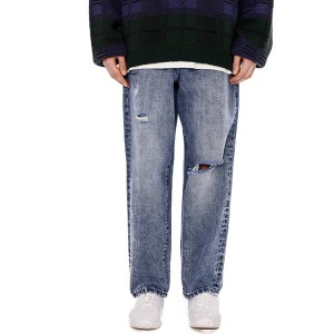 Hot selling item loose straight leg pants plus size ripped blue men's jeans