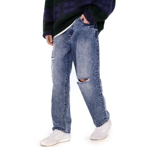 Artículo de gran venta, pantalones sueltos de pierna recta, pantalones vaqueros azules rasgados de talla grande para hombre