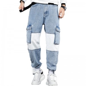 Pantalóns cargo populares para homes de varios petos de retazos azuis e brancos de alta calidade
