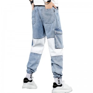 Pantalones cargo de hombre con múltiples bolsillos de patchwork azul y blanco