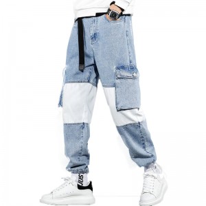 Plavo-bijele patchwork muške kargo hlače s više džepova