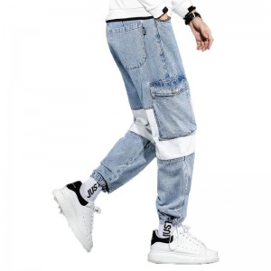 Pantalóns cargo populares para homes de varios petos de retazos azuis e brancos de alta calidade