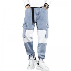 Чоловічі штани-карго синьо-білі в стилі печворк із кількома кишенями