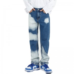 Jeans Monkey Wash Colorblock Jambe Droite Bleu Jeans Homme Fermeture Éclair Braguette