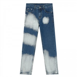 Jeans Maymun Yıkama Renk Bloklu Düz Bacak Mavi Erkek Jeans Fermuar Fly