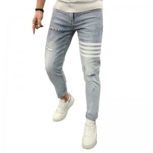 Fashion High Quality Jeans Calana Ripped Belang Print Jeans Lalaki