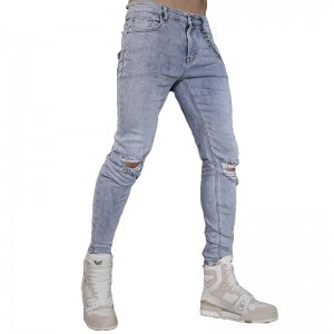 Jeans de hombre azul claro rasgados flacos de alta calidad de moda
