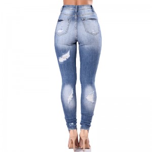 ຄຸນນະພາບສູງ denim ຝ້າຍ elastic slim fit ripped ສີຟ້າ skinny ladies jeans