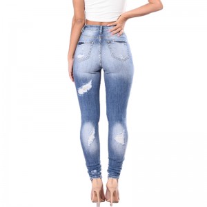 Roztrhané modré úzke dámske džínsy z vysoko kvalitnej elastickej džínsovej bavlny slim fit