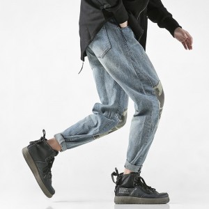 Calças jeans masculinas com patch de camuflagem de algodão cru de alta qualidade
