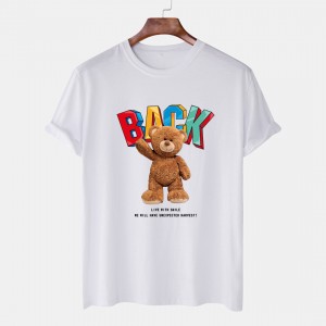 T-shirt na maza na zamani na yau da kullun sako-sako da gajeriyar hannu zagaye wuyan bear buga T-shirt na maza