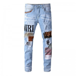 Bedruckte Herrenjeans blau Hochwertige Stretch-Patchnähte High Street Skinny Jeans
