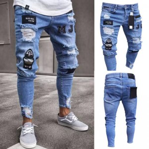 Жешка продажна ставка тенок фит хип-хоп вез со искинато молив панталони машки фармерки на големо големо обичај