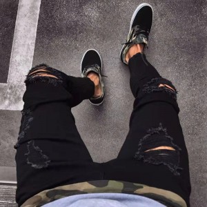 Popular Stretch Zippered Tapered Leg Slim Fit Ripped Black Jeans Men