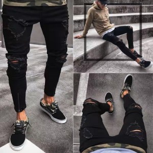 Peregangan Ritsleting Populer Kaki Meruncing Slim Fit Ripped Black Jeans Pria