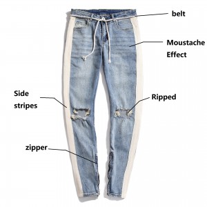 2021 hot sale jeans pria jins ritsleting samping slim-fit tertekan dengan tepi bergaris putih dan jeans pria kaki robek
